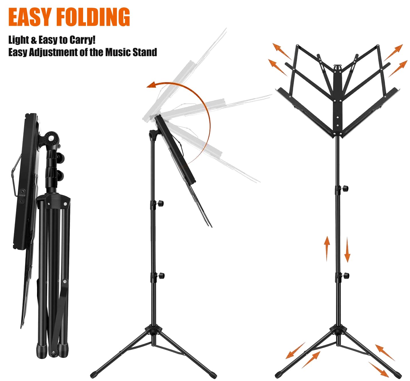 Music stand with folding mechanism and adjustment features on a white background
