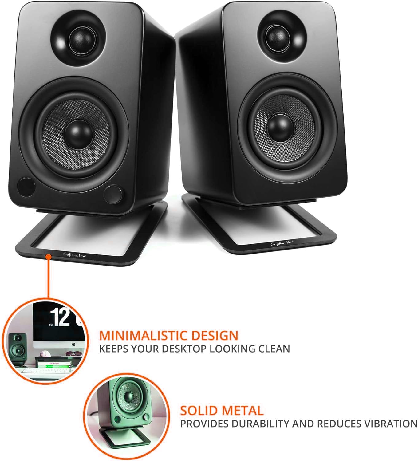 Compact monitor speaker stand,
Pair of Softline Pro DMS1 foam-padded stands on workstation