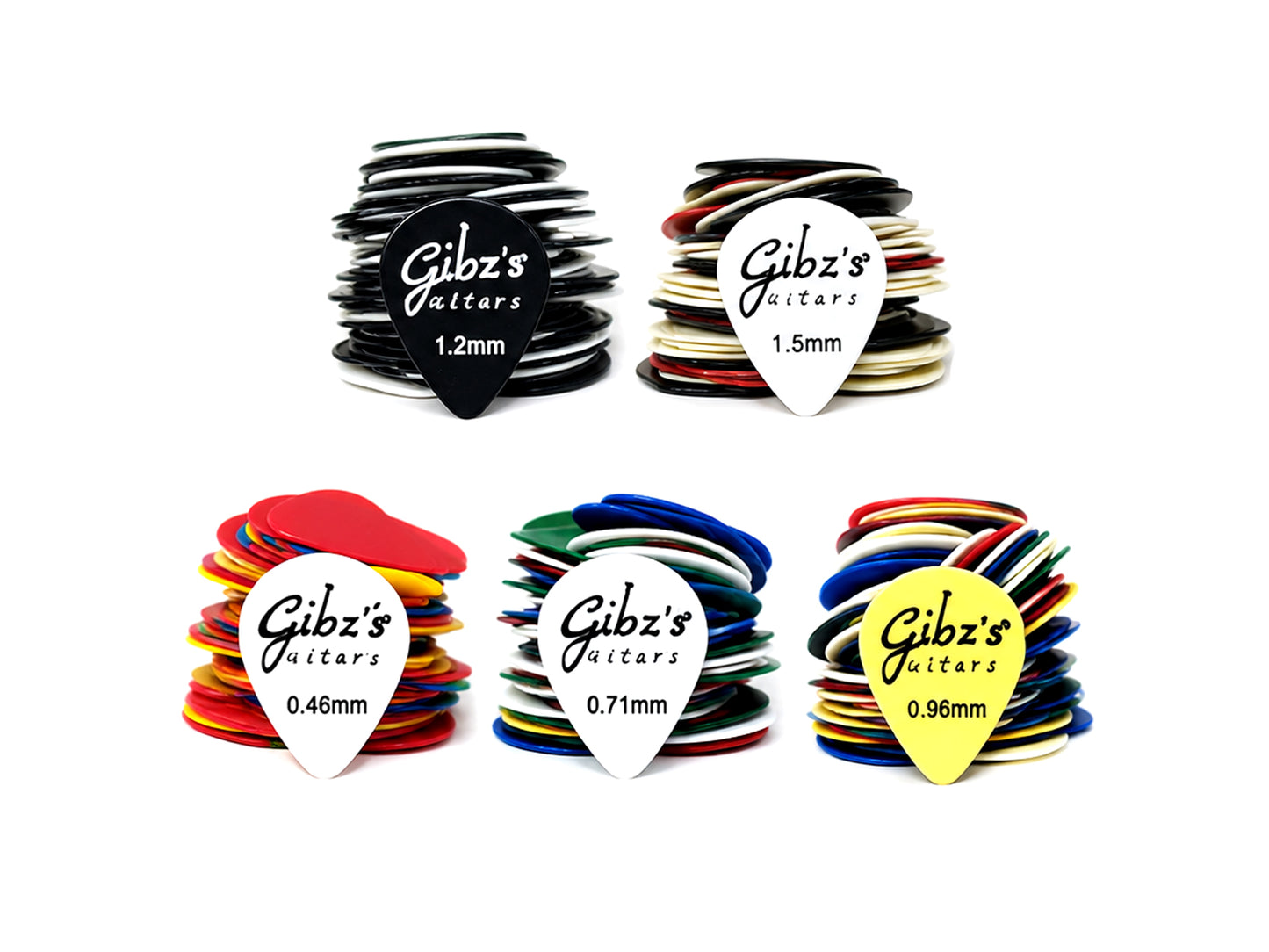 Gibz's by Softline Pro Assorted Guitar Picks Box of 500 Pcs (0.46mm, 0.71mm, 0.96mm, 1.2mm & 1.5mm) Multi-Thickness Plectrum Set for Acoustic Guitar, Electric Guitar, Bass, Ukulele & Mandolin