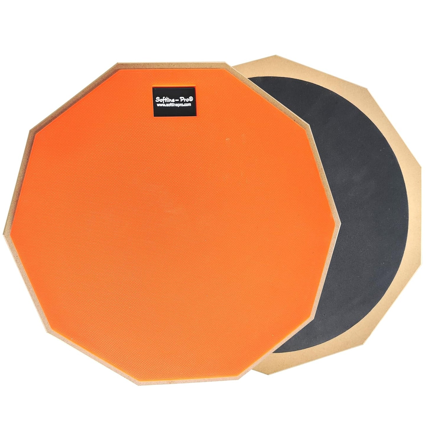 Two octagonal practice drums, one orange and one black, on a white background.