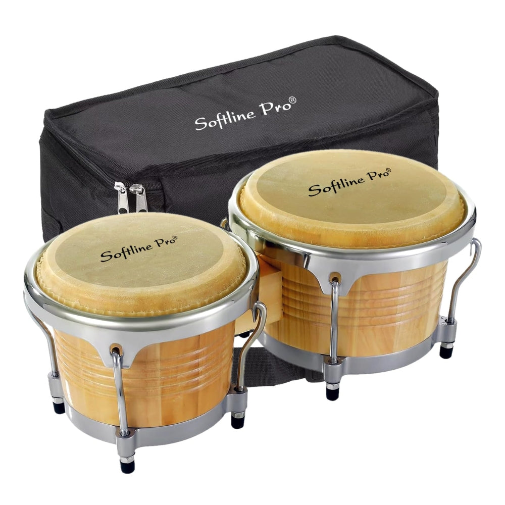 set of two bongo drums with natural drum heads, mounted on metal hardware, with a black padded carrying bag. The bongo drums have the 'Softline Pro' brand name on them.