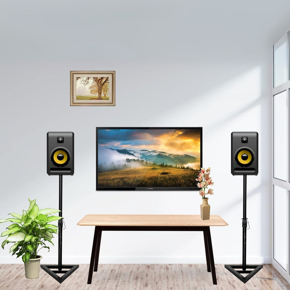 Components of the speaker stand disassembled for easy transport and storage.