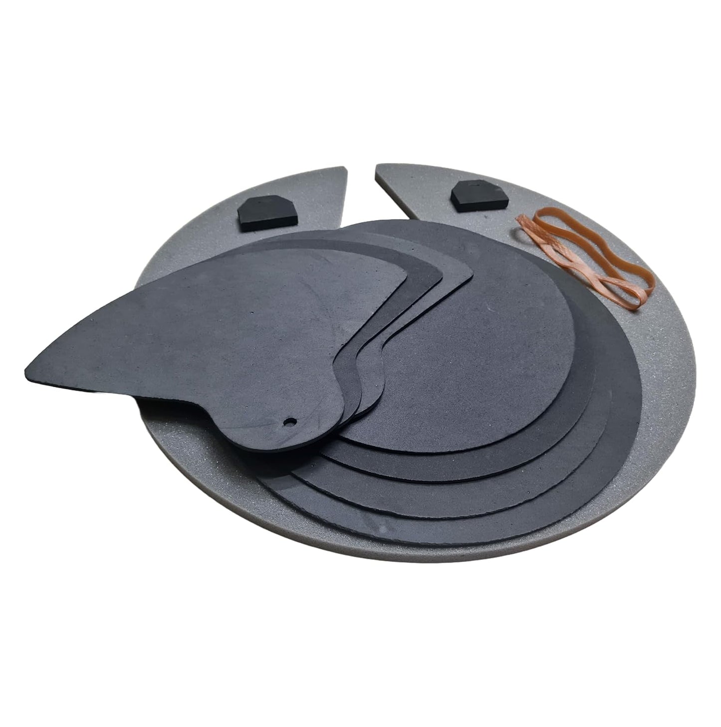 Set of gray metal brake pads on a white background