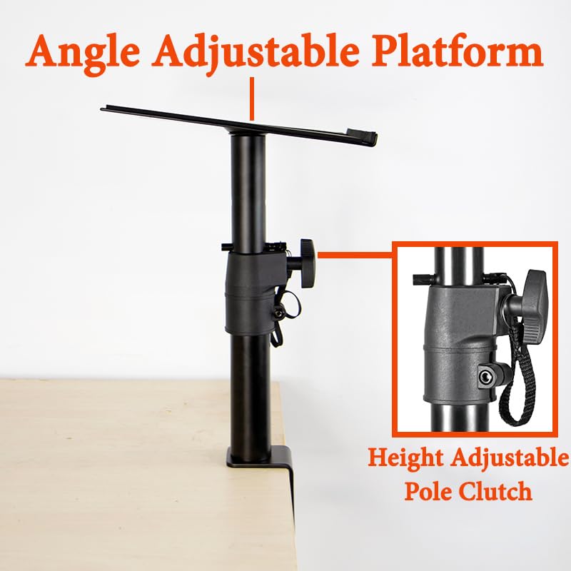 Side view of SP81 studio speaker stand clamped on desk,
Studio monitor stands for desk