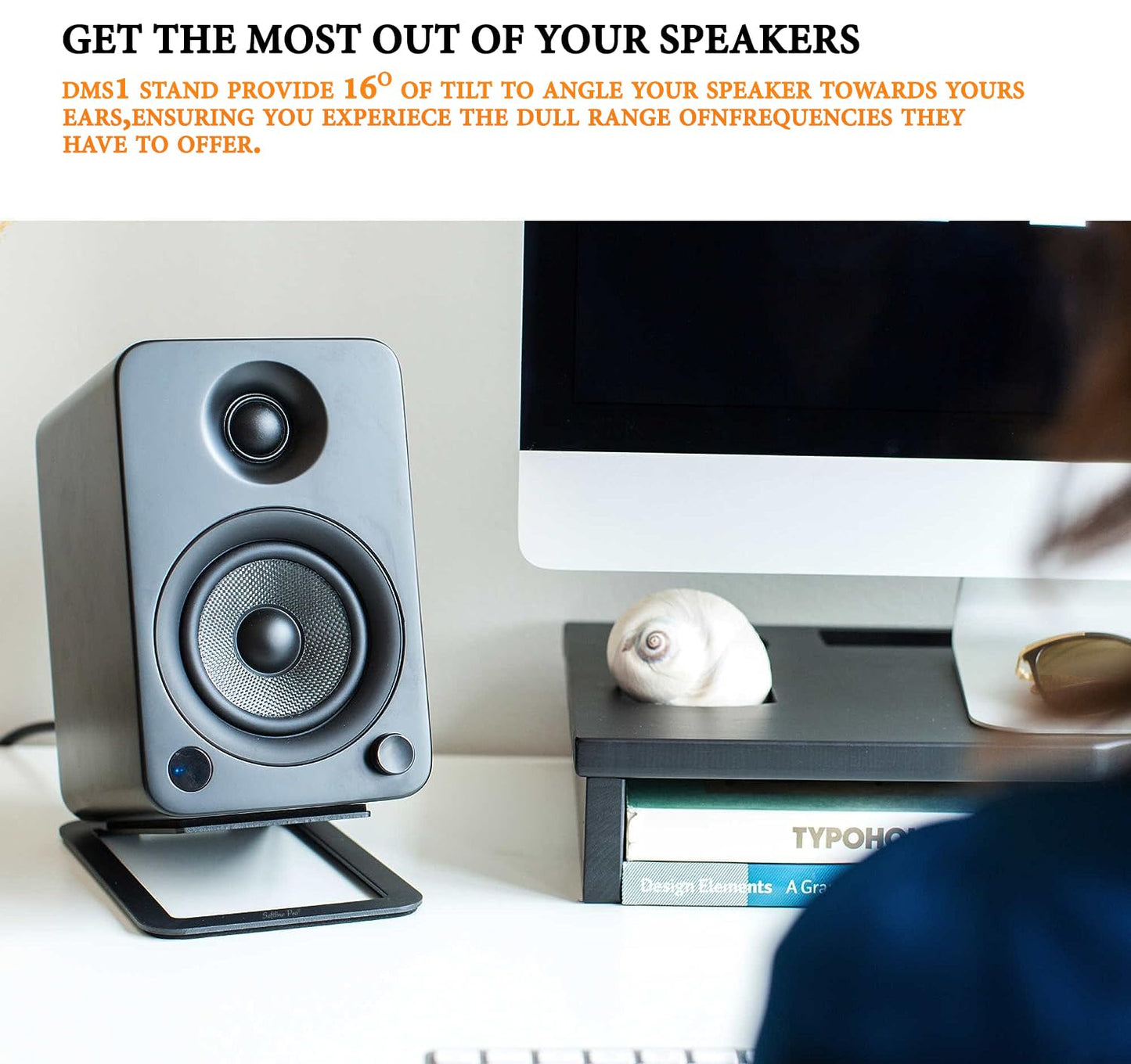 Side view of desktop speaker setup with SP DMS1 stand,
Speaker stands with damping foam