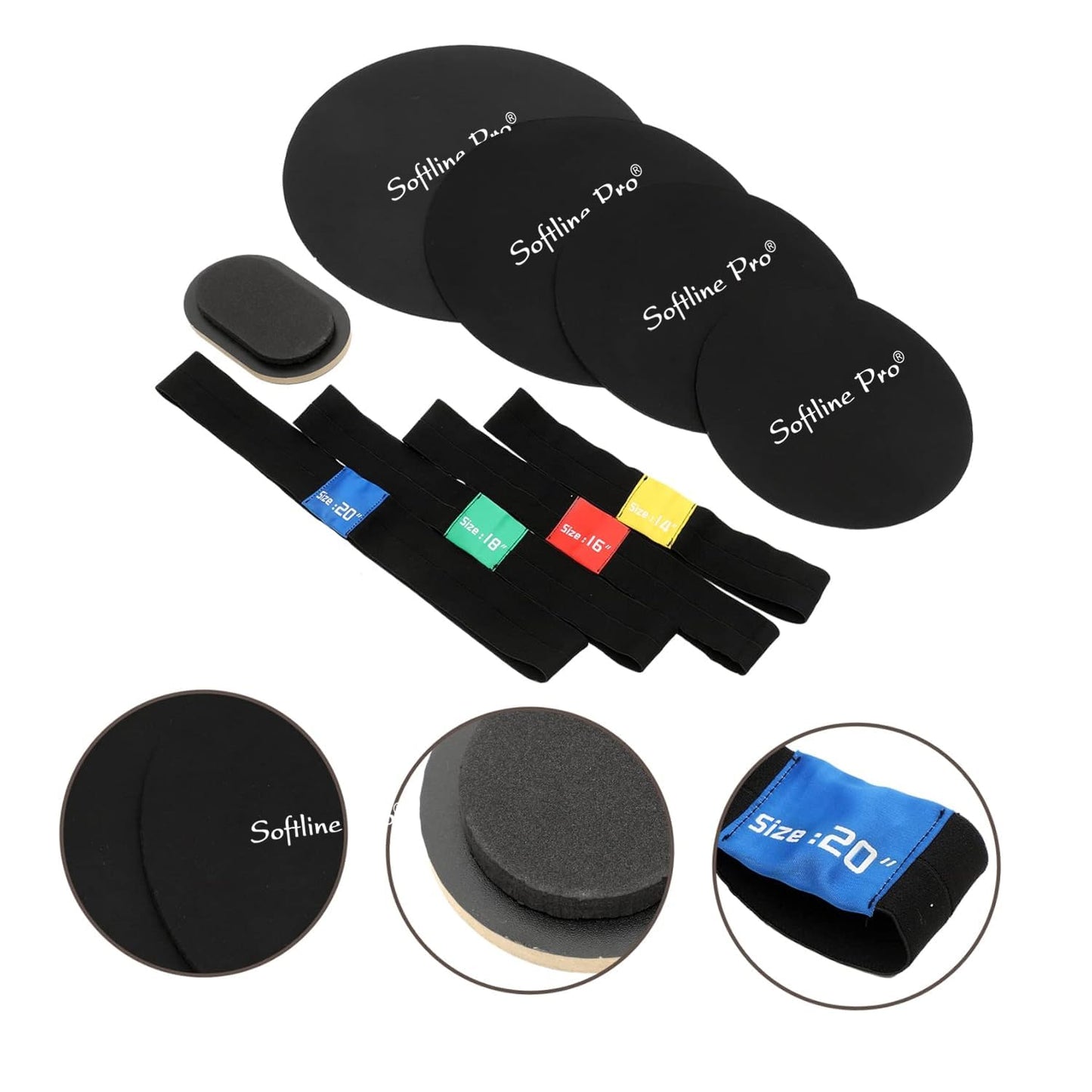 Collection of black foam rollers and bands with 'Softline Pro' branding on a white background.