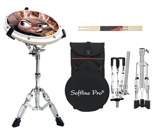 Drum practice pad with stand, drumsticks, and accessories on a white background