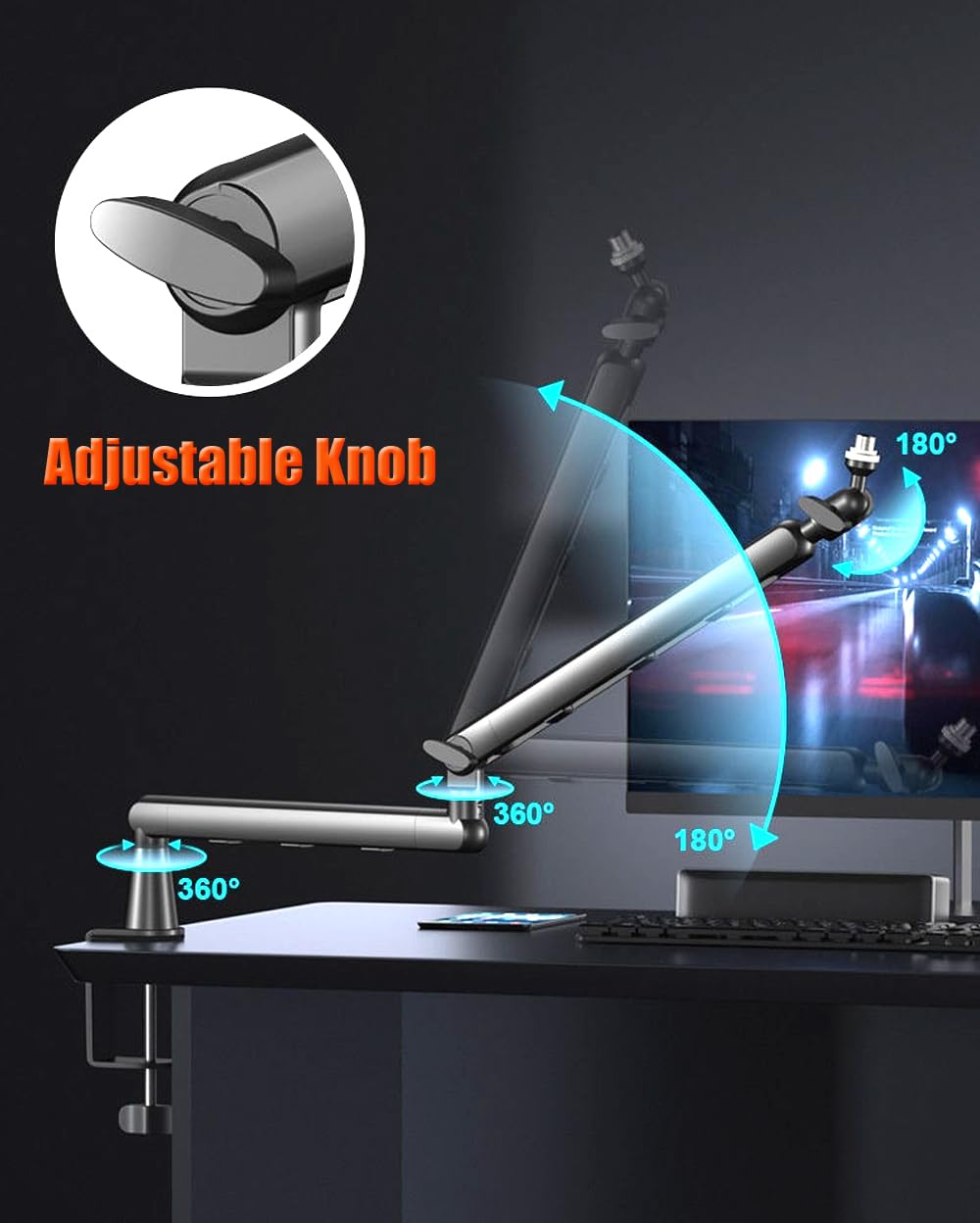 Sleek black mic boom arm with grommet mount and integrated cable management