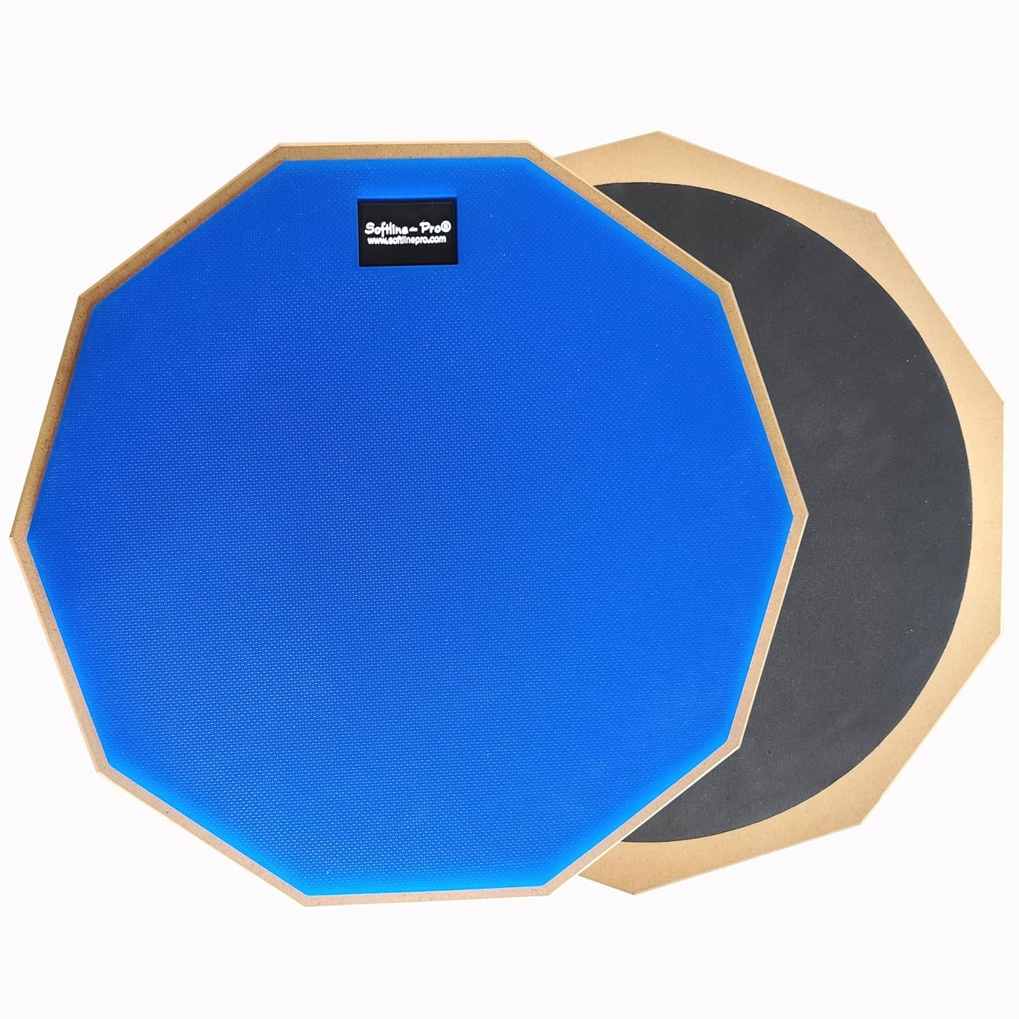 Two drum practice pads, one blue and one black, with a brand label on a white background.