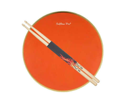 Orange drum practice pad with drumsticks on a white background