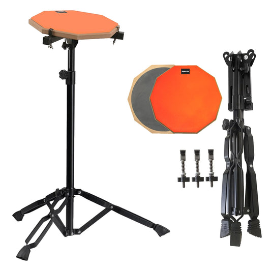 Orange practice pad with stand and accessories on a white background