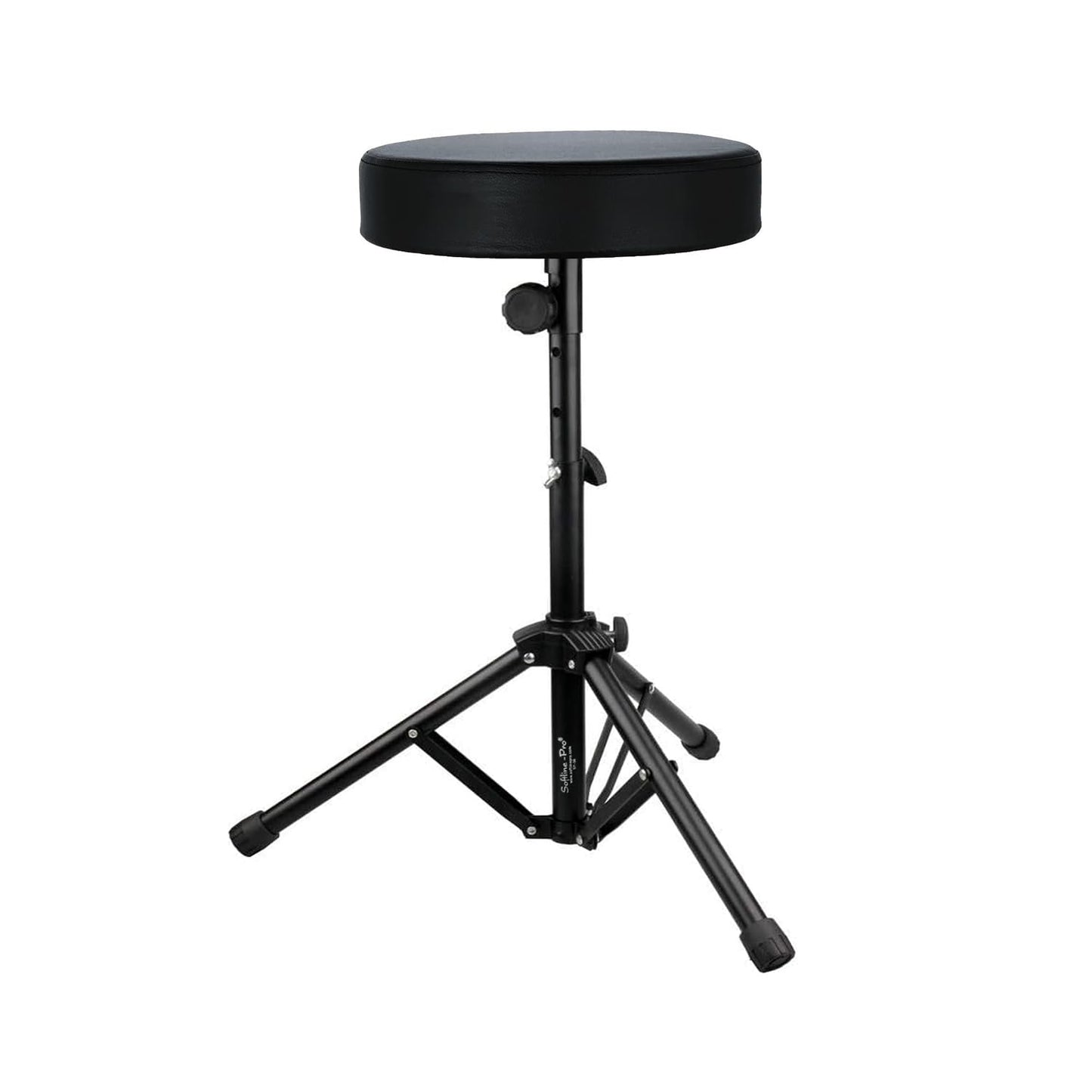 A black round padded drum stool with a tripod base, adjustable height, and foldable design.