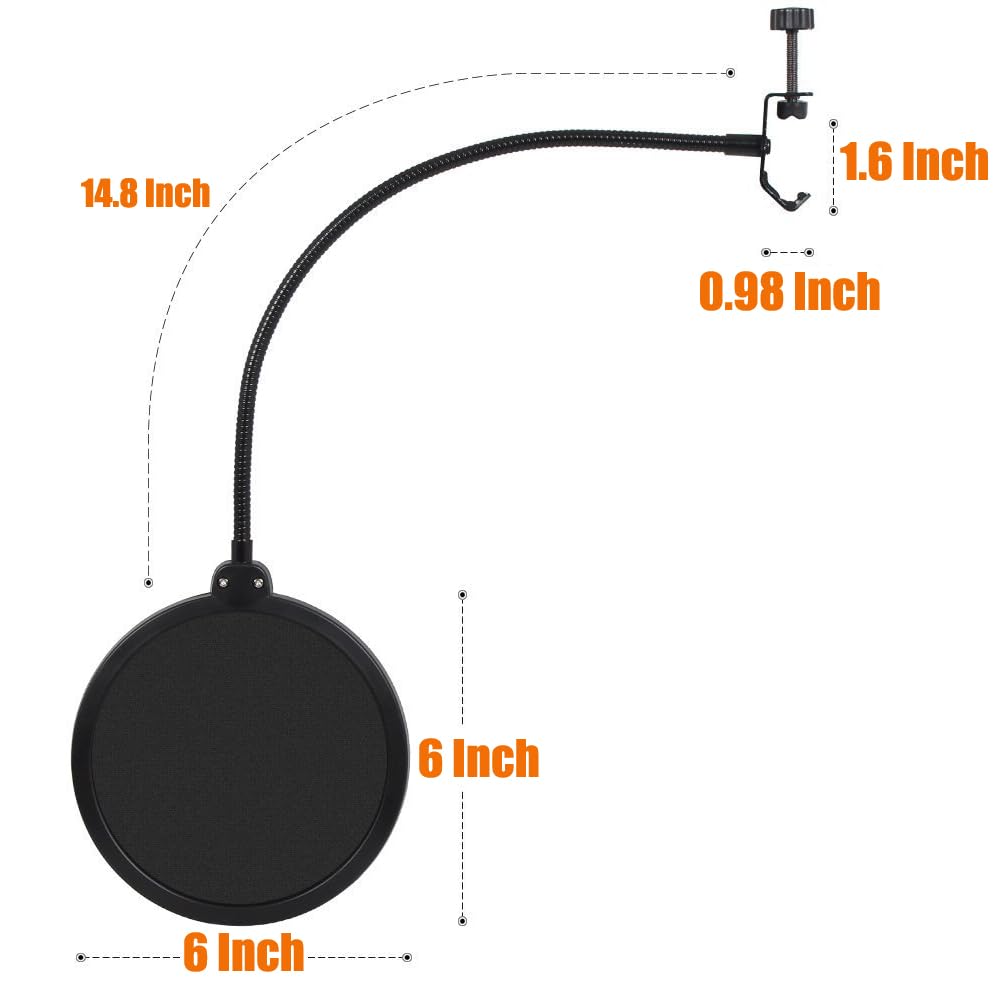 Disassembled pop filter showing individual parts: mesh screen, gooseneck, and clamp.