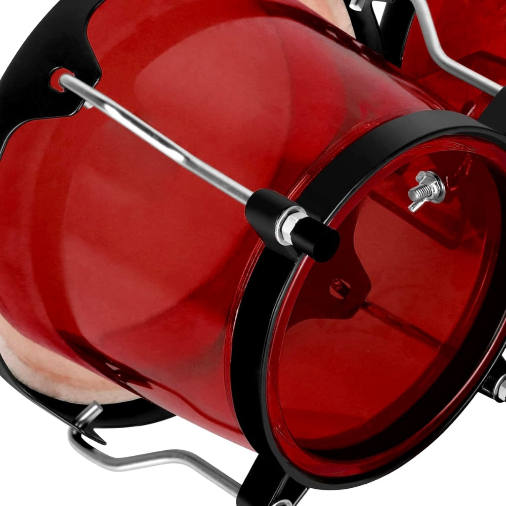 Softline Pro 6″ & 7″ bongo drums with transparent red cavity, natural skin heads, tuning wrench, and padded carry bag.