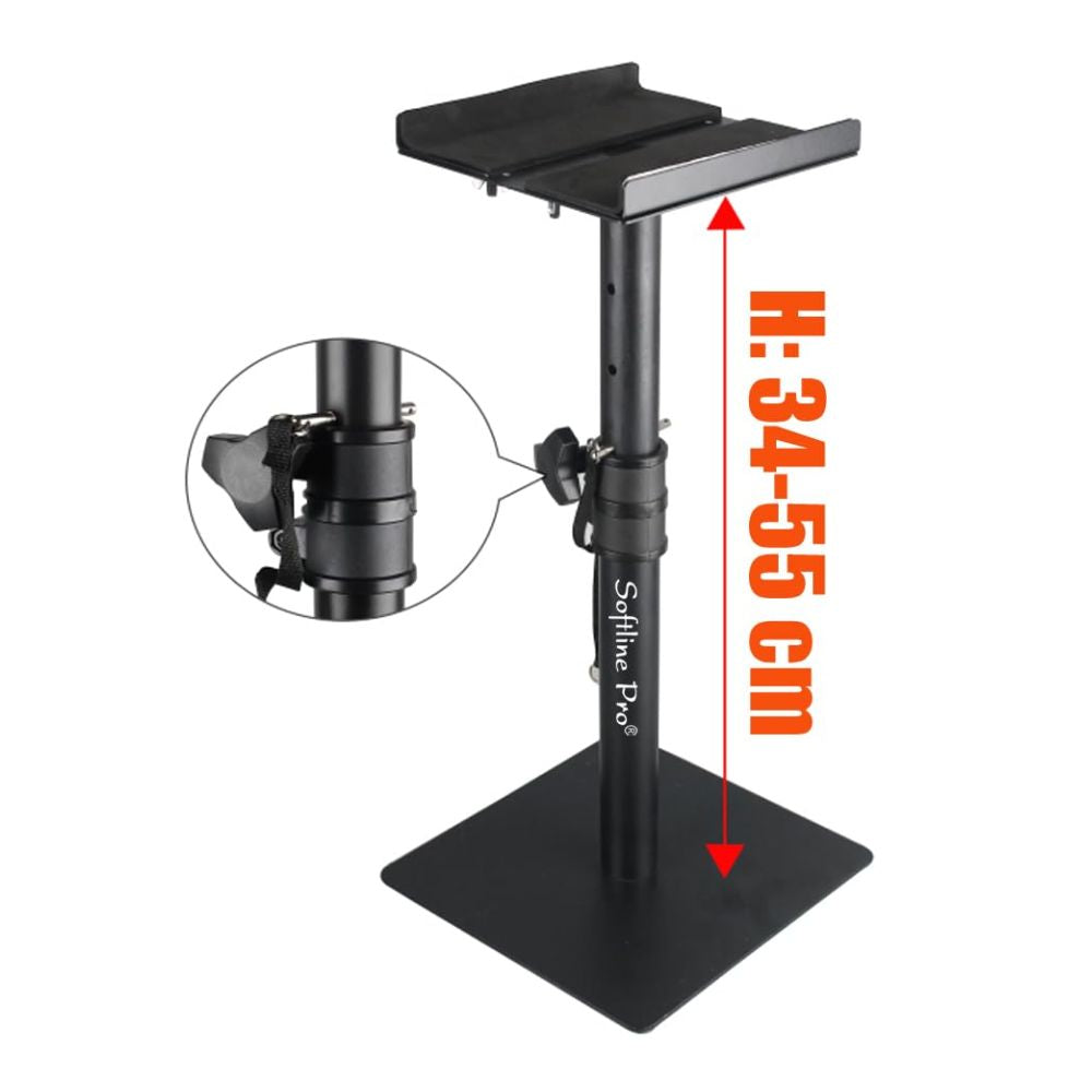 Speaker stand with triangle base, 
Height-adjustable feature of the stand shown with minimum and maximum height range for flexibility.