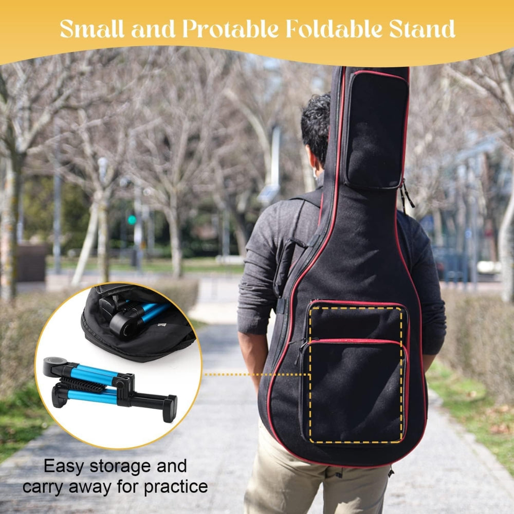 Stand holding acoustic guitar securely on A-frame base.