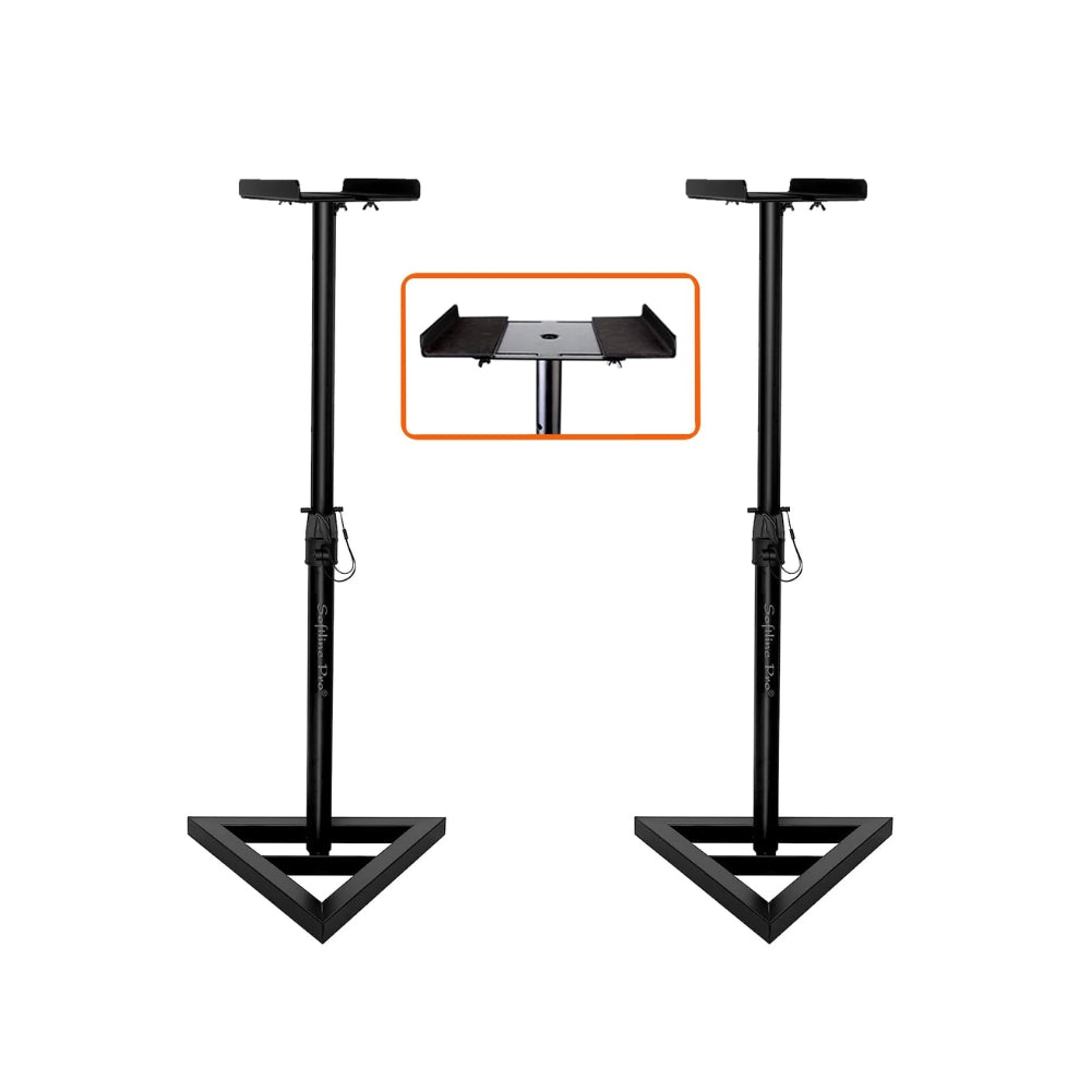 Pair of Softline Pro SP08 VP studio monitor stands with adjustable height and triangle base, black finish.