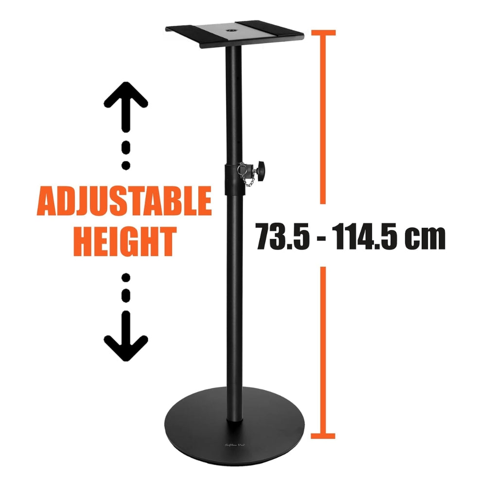 Angled view showing the strong construction and overall height adjustability of both speaker stands.