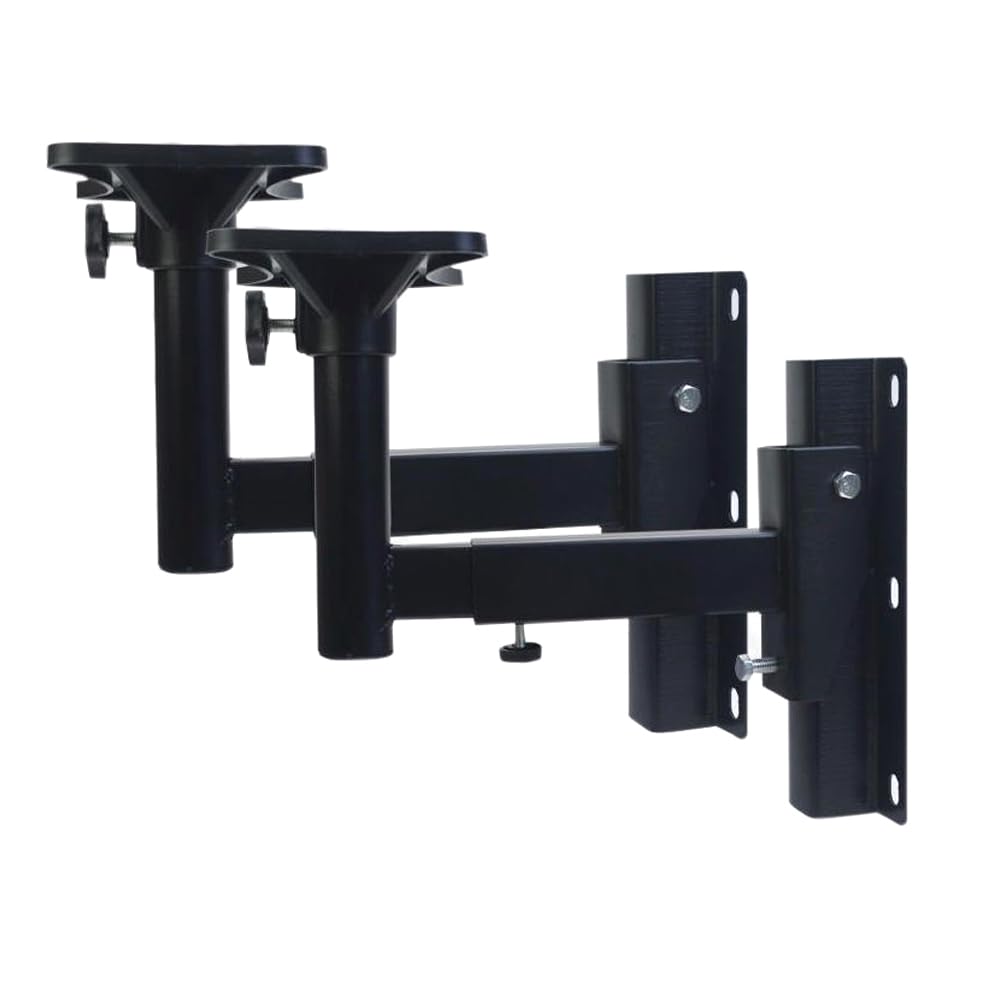Black adjustable TV stand bracket on a white background