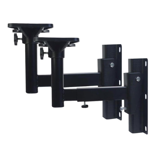 Black adjustable TV stand bracket on a white background