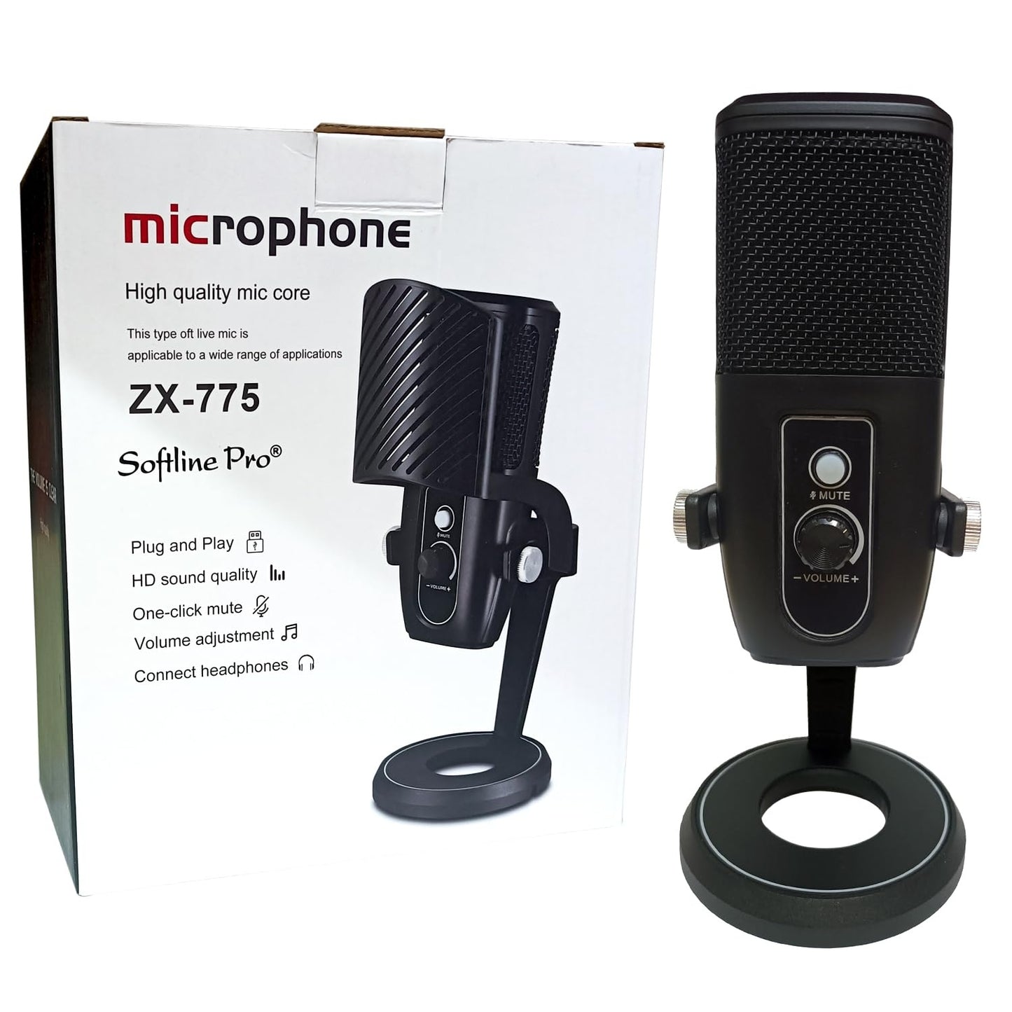 Softline Pro USB Condenser Microphone SP ZX-775 with Table Top Stand for PC Streaming,Podcasts,Recording,Mute Touch,Volume Control,Headphone Monitor,Pop Filter