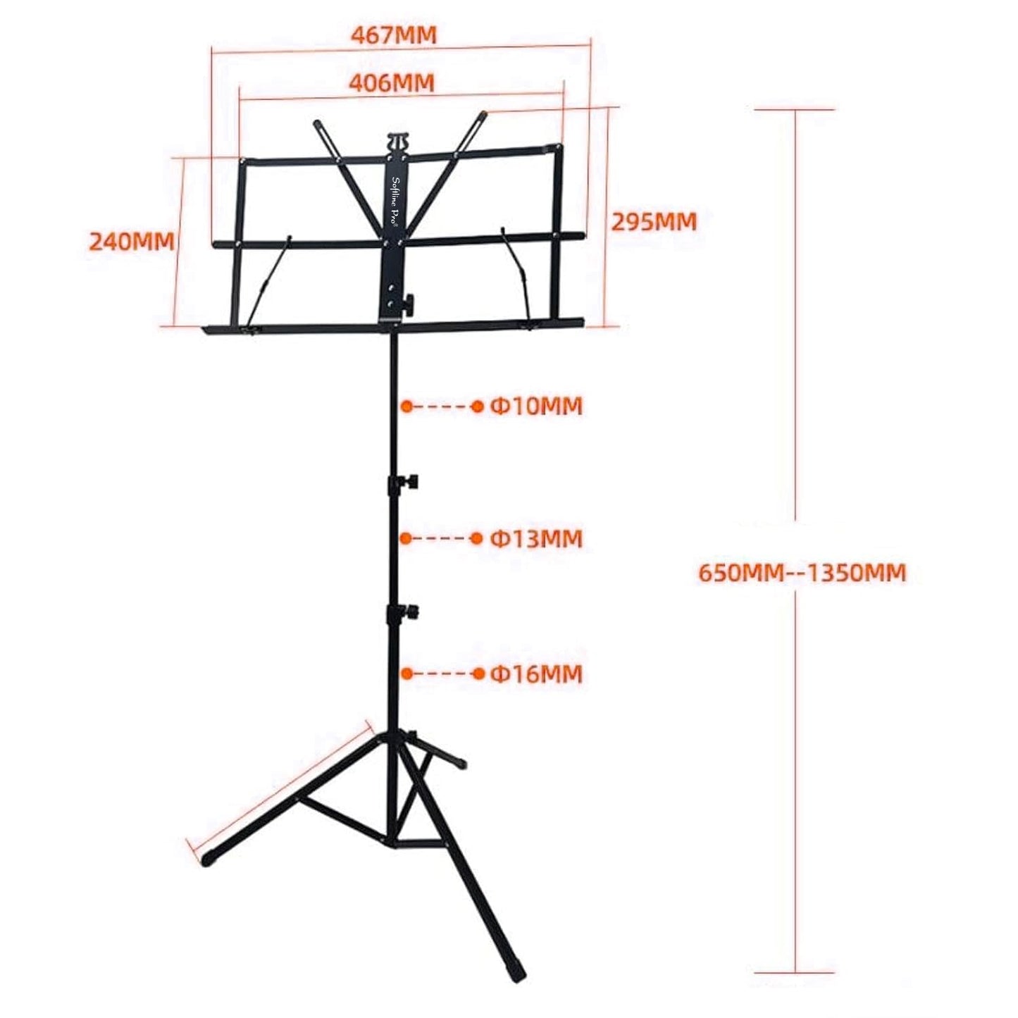 Black music stand with dimensions labeled on a white background
