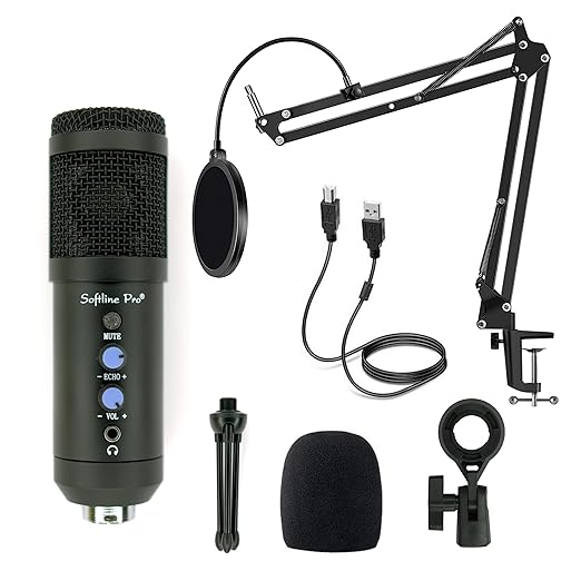 USB condenser microphone kit, 
black Softline Pro condenser USB microphone kit with accessories including a scissor boom arm, pop filter, USB cable, desk clamp, mini tripod, foam windscreen, and mic holder, displayed on a white background.