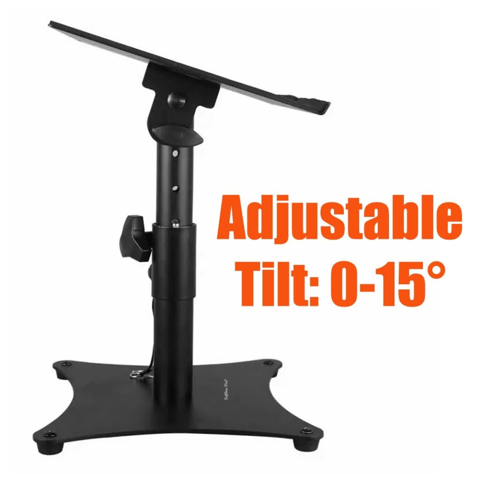 Adjustable tilt feature (0–15°) on SP 901 T stand, 
Wide desktop speaker stand 30cm