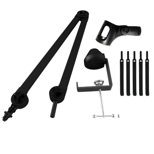 Softline Pro RJ111 microphone boom arm kit with springless long arm, table clamp, threaded adapter, mic holder, and mounting rods arranged on white background.