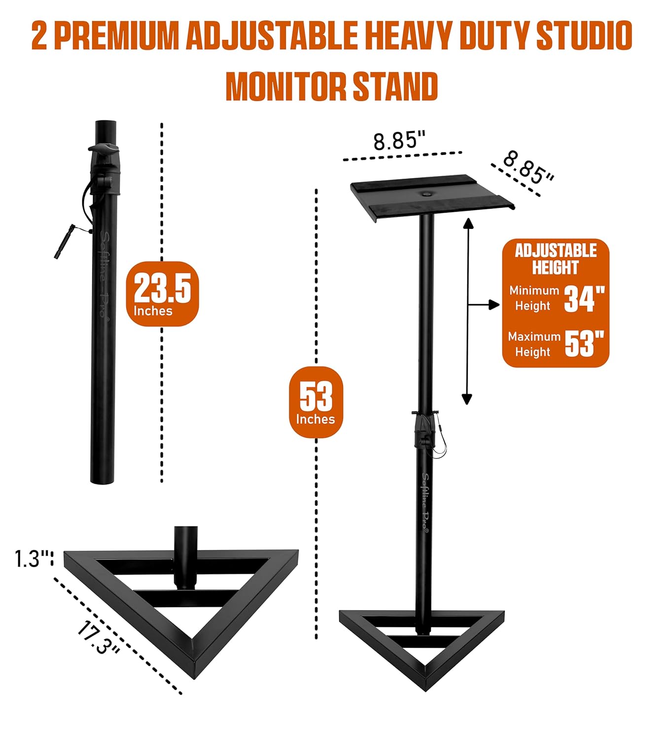 Adjustable height SP08 monitor stands with locking knob,
Monitor stand pair for home studio