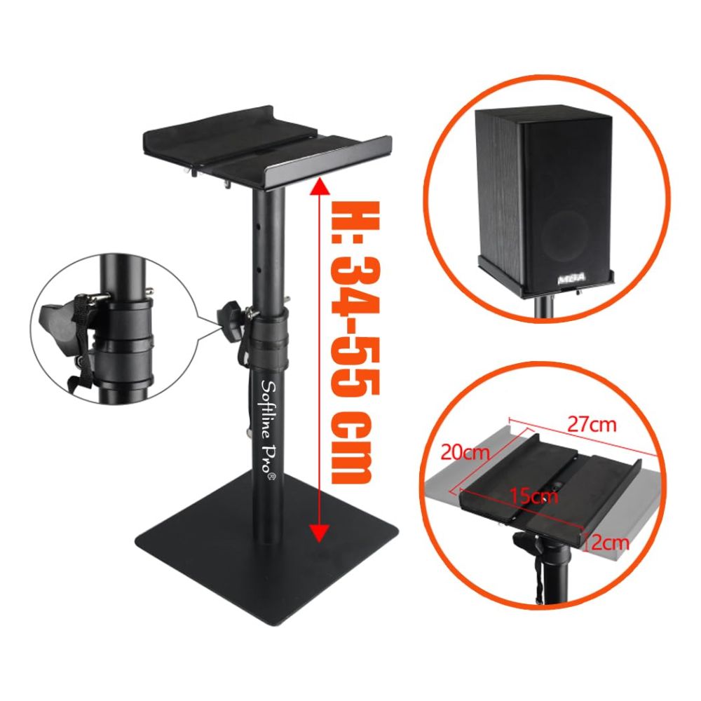 Adjustable speaker stand, 
Side view of the monitor stands highlighting their solid build, vertical posts, and triangular leg support