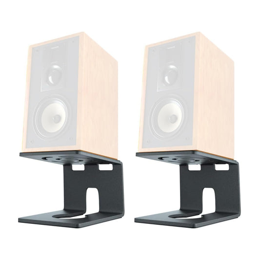 Black Softline Pro desktop speaker stand with a wooden studio monitor placed on top, showcasing the angled top plate and C-shaped metal base.