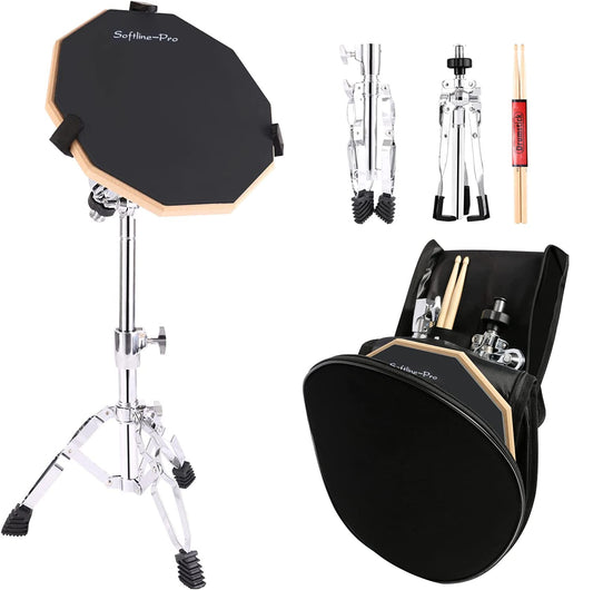 Drum practice pad with stand, mallets, and sticks on a white background
