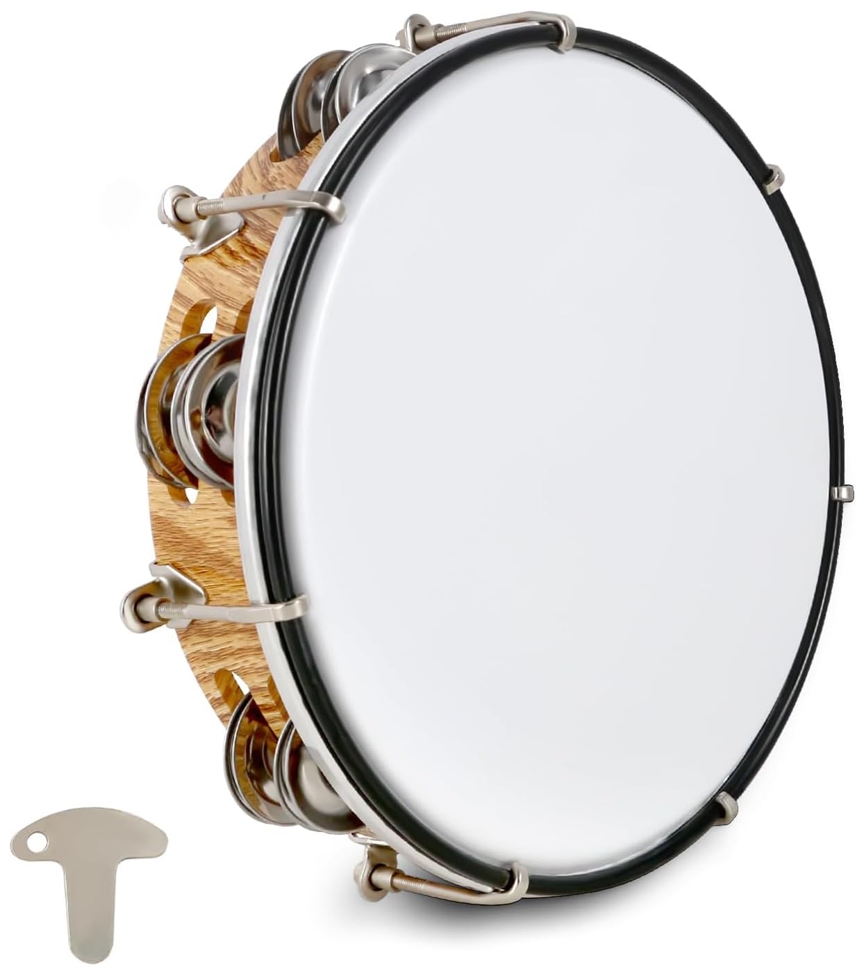 buy Double Row Tambourine,
Musician using a tambourine by striking drum head and shaking for sound