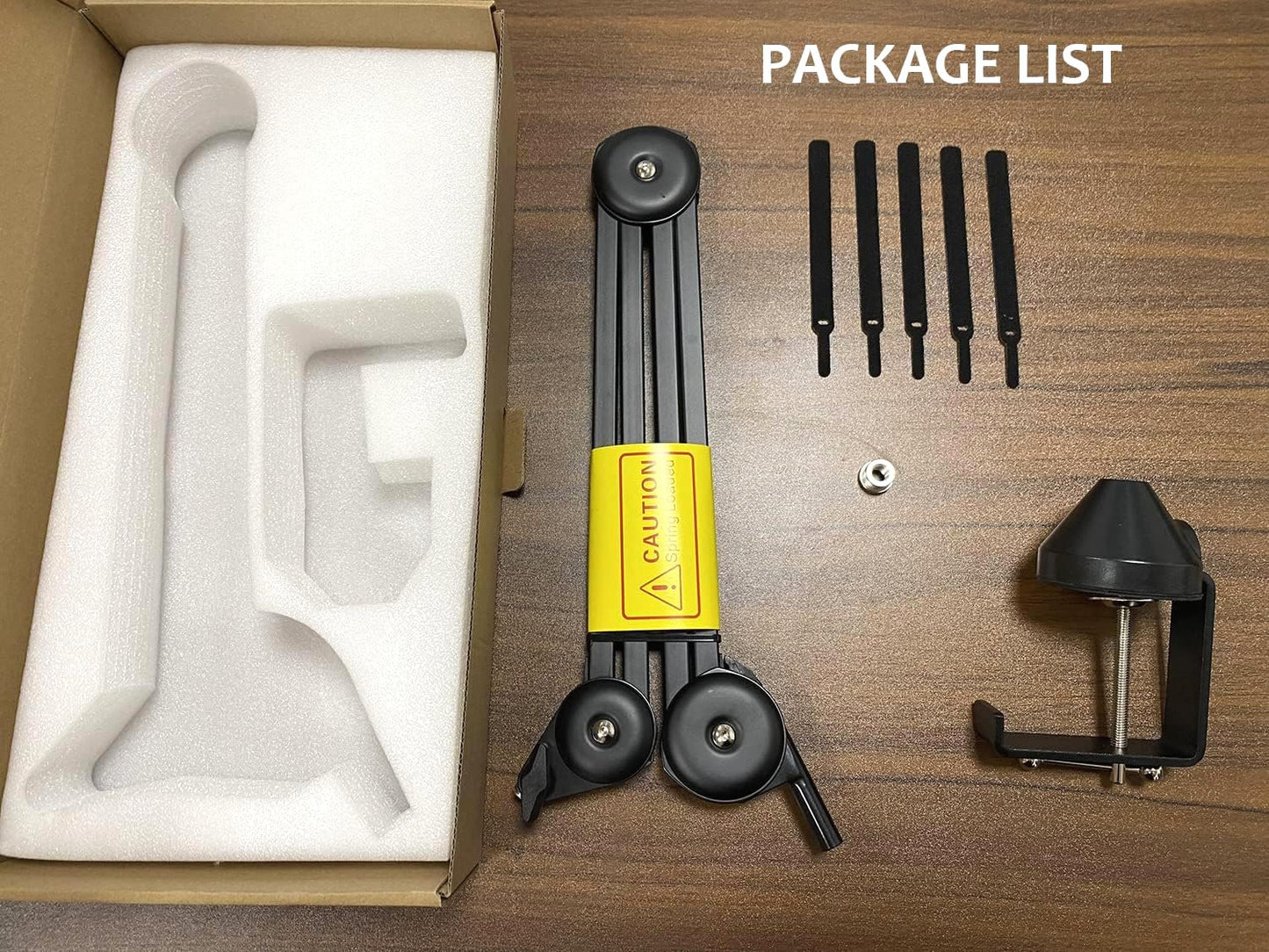 Installation step-by-step visual guide showing how to assemble and secure the Softline Pro boom arm mic stand to a desktop surface.