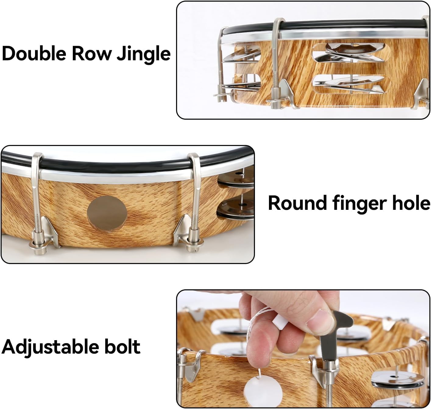 Person shaking a handheld tambourine to produce sound using bell blades.