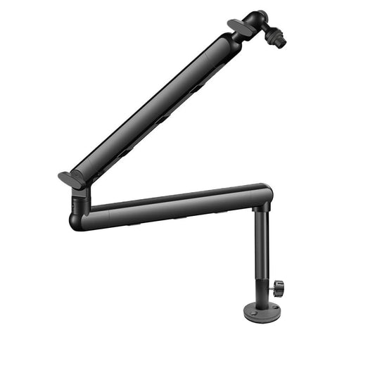 Adjustable black microphone boom arm with riser and desk clamp mount.