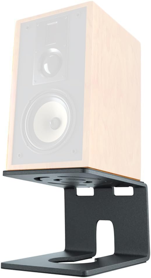 Side view of the black metal speaker stand highlighting its 7-degree tilt and open-frame C-shaped design.
