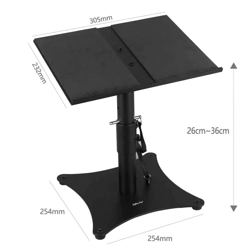 Studio monitor stand for surround sound, 
Softline Pro branding and rubber feet for grip and isolation
