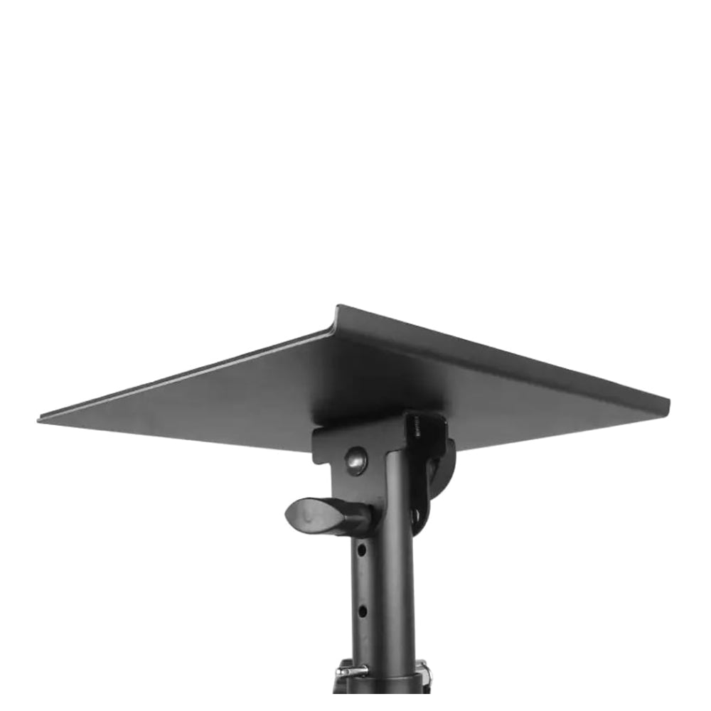 Angled view of the full SP 901 T stand, 
Tiltable desktop monitor speaker stand
