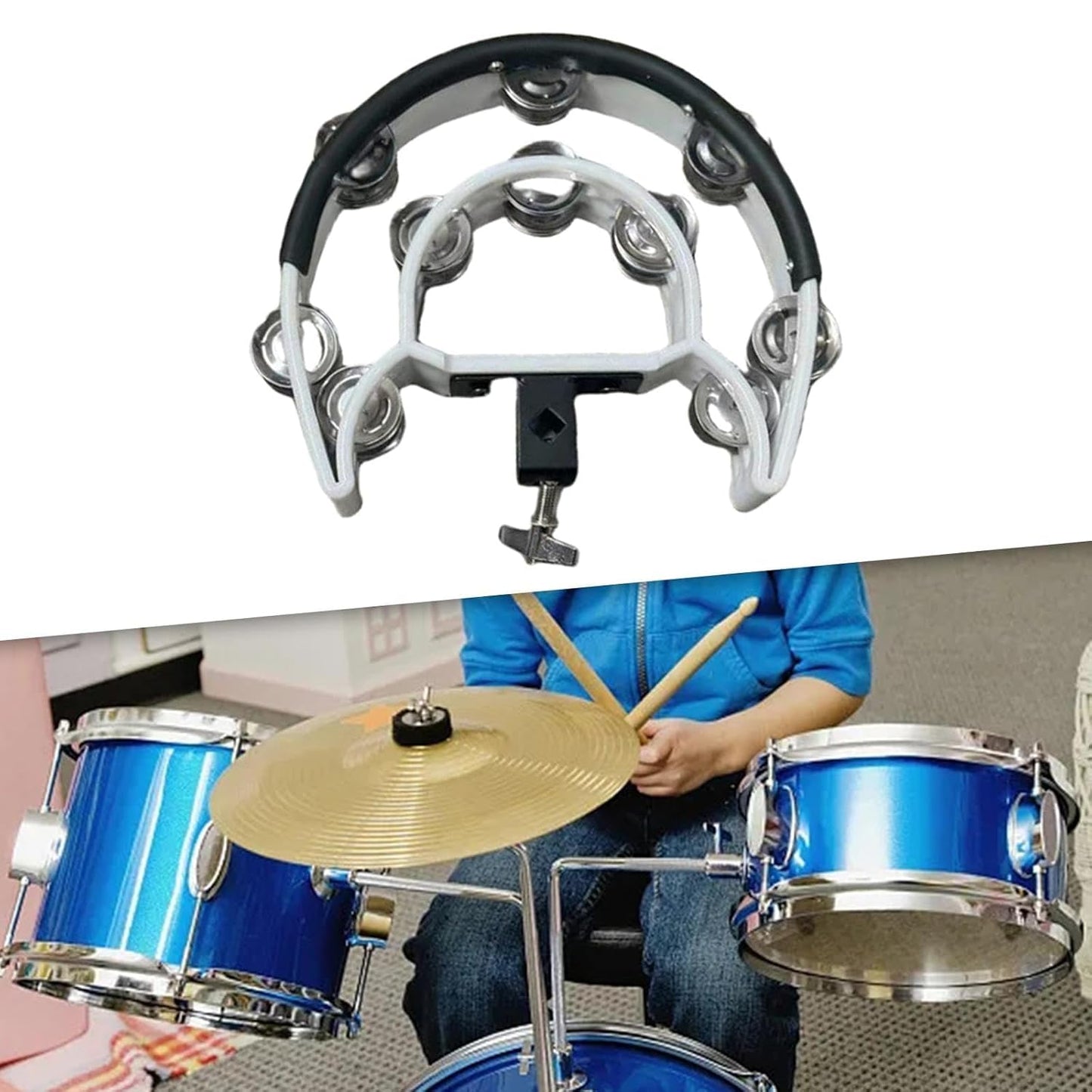 Tambourine on a stand with a person playing drums in the background