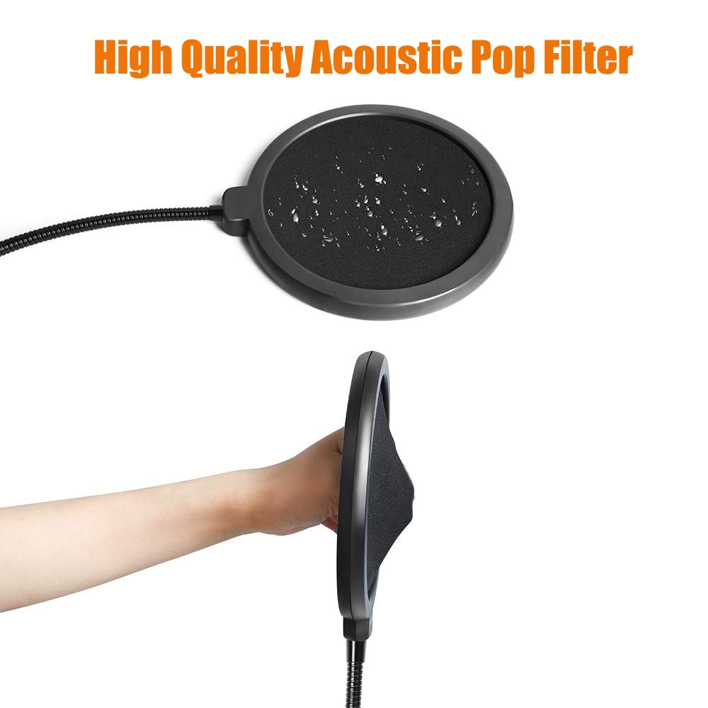double mesh mic filter,
Hands adjusting the Softline Pro pop filter's angle showing the double mesh and free-angle adjustability.