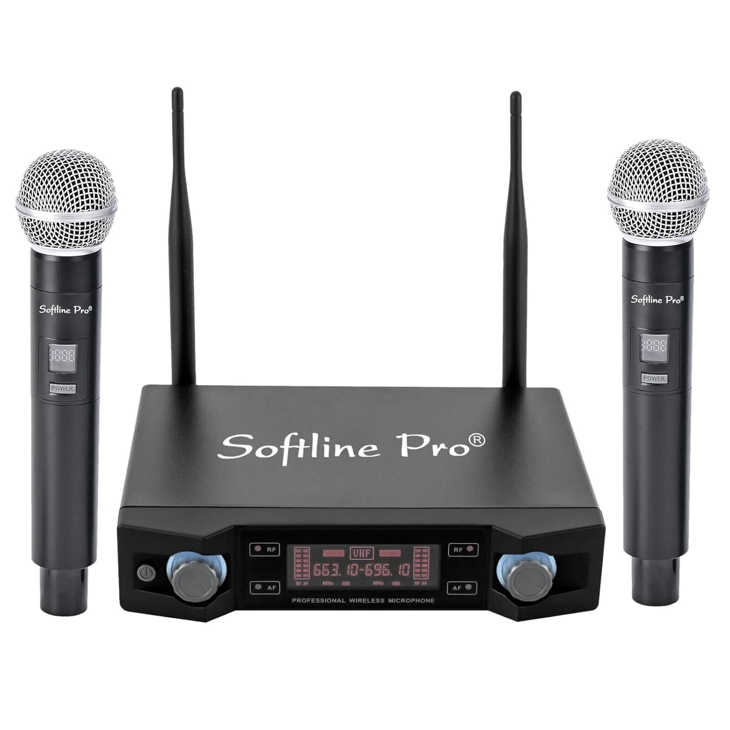 Softline Pro wireless microphone system with two handheld microphones on a white background