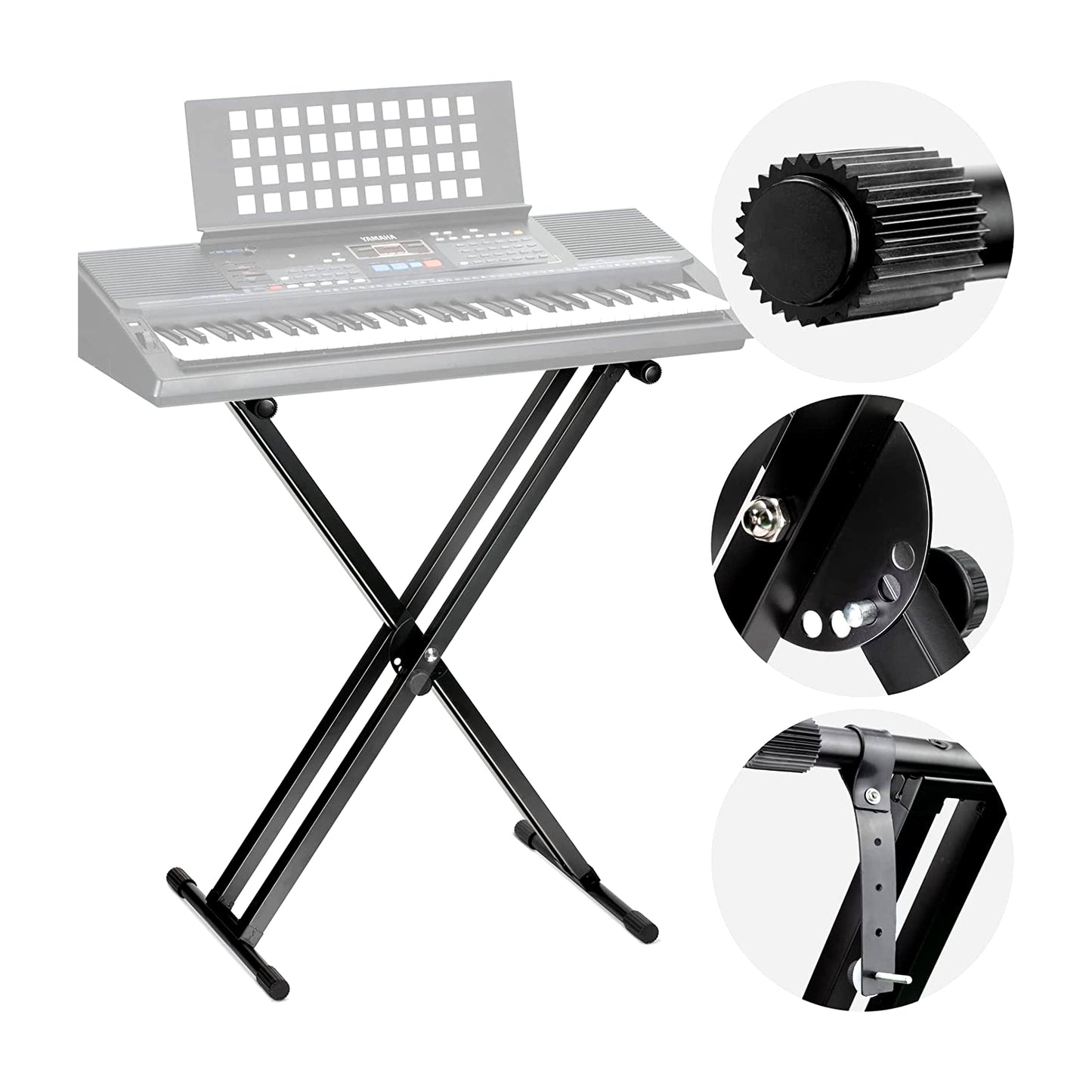 Keyboard with stand and close-up details on a white background