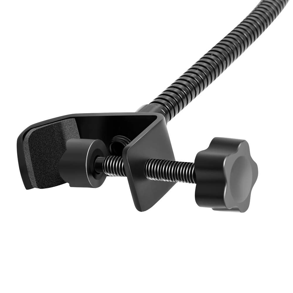 Full view of the pop filter showing dimensions and 360° adjustable metal gooseneck.