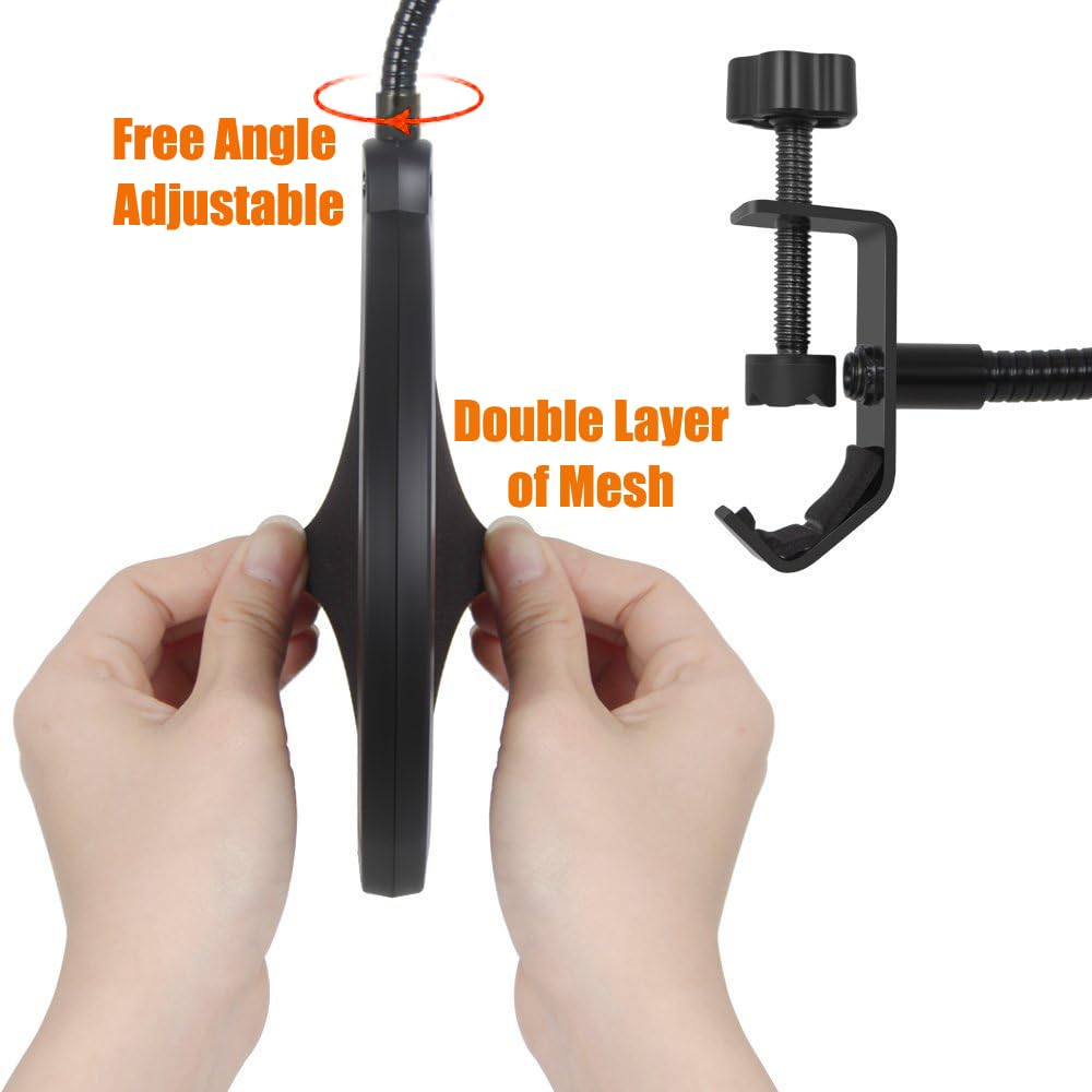 Full view of the pop filter showing dimensions and 360° adjustable metal gooseneck.