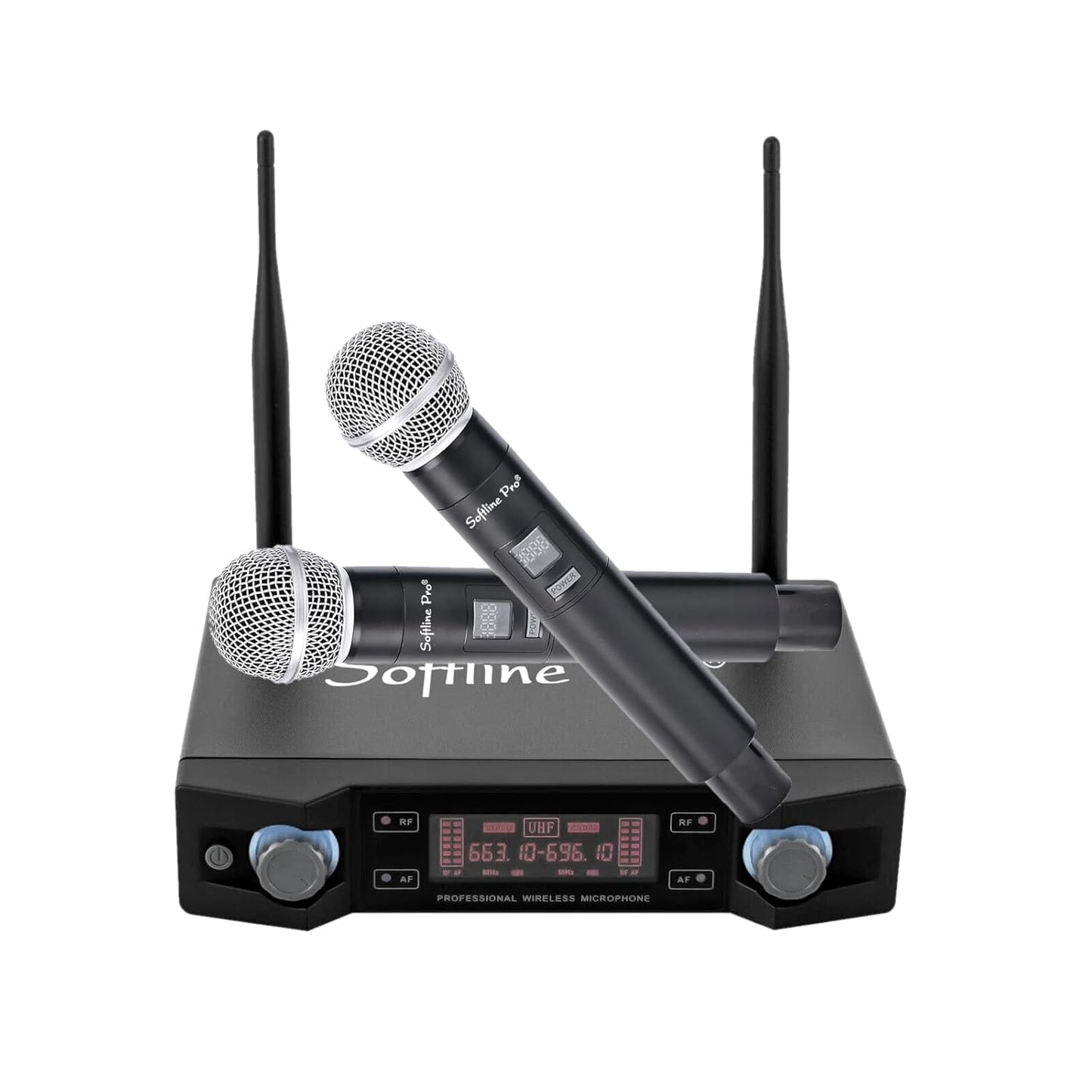 Wireless microphone system with two handheld microphones on a white background