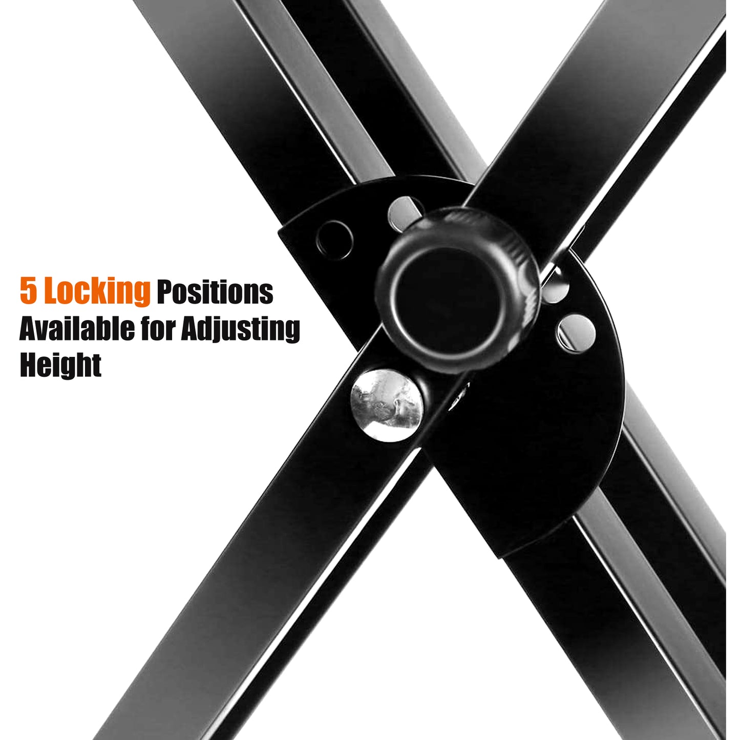 Close-up of a black adjustable stand with text indicating 5 locking positions.