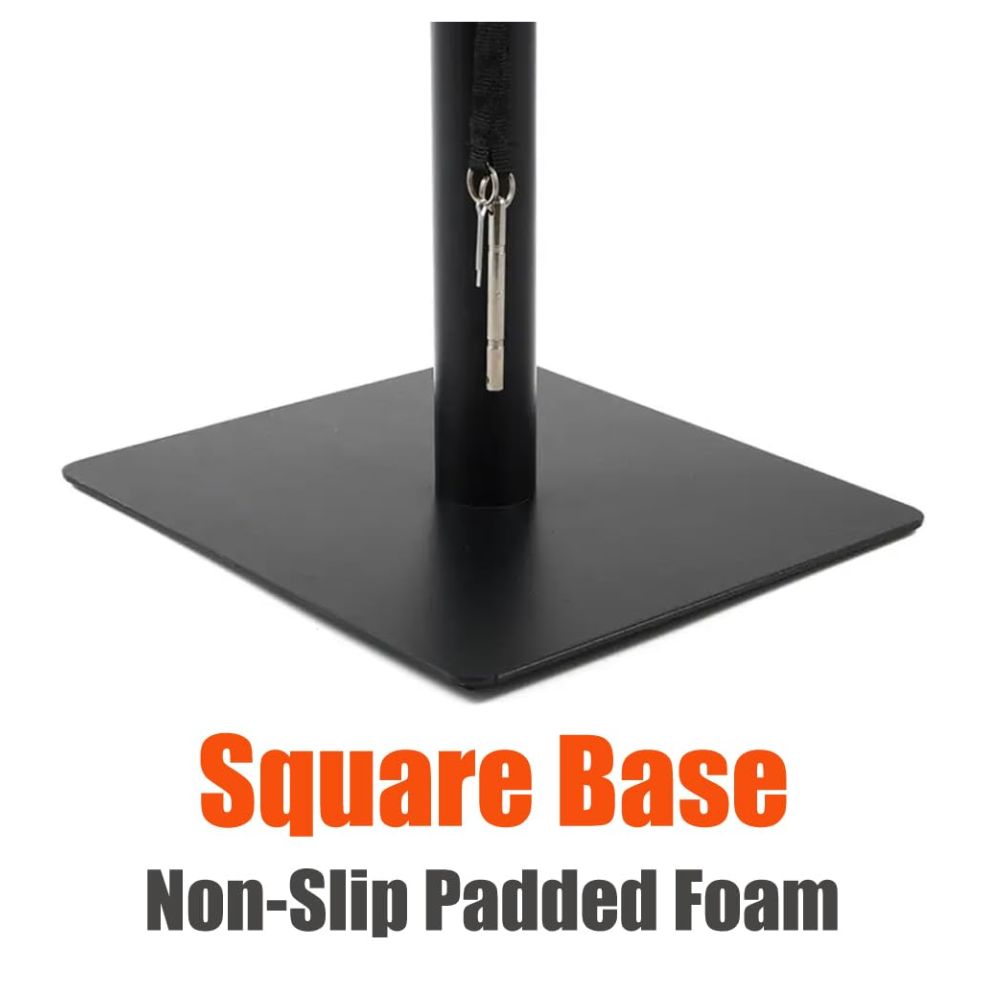 Detailed view of the sturdy triangle base, designed for stability with heavy studio monitors.
