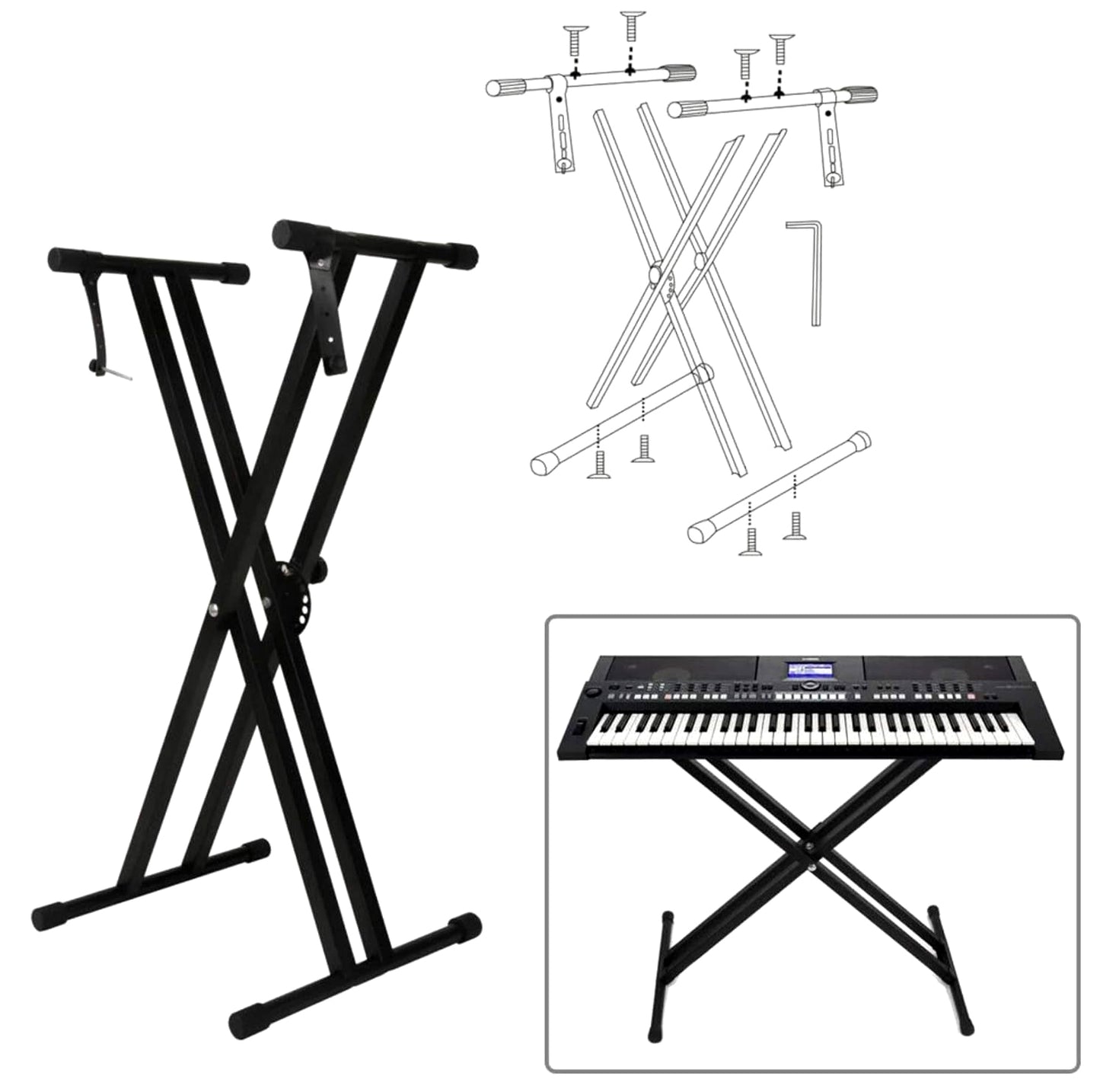 Black X-style keyboard stand with a inset of a keyboard on a white background
